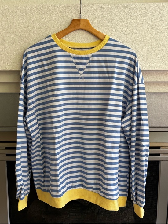Sweaters - Striped Blue & White Women’s Crewneck Sweater with Yellow Trim XL